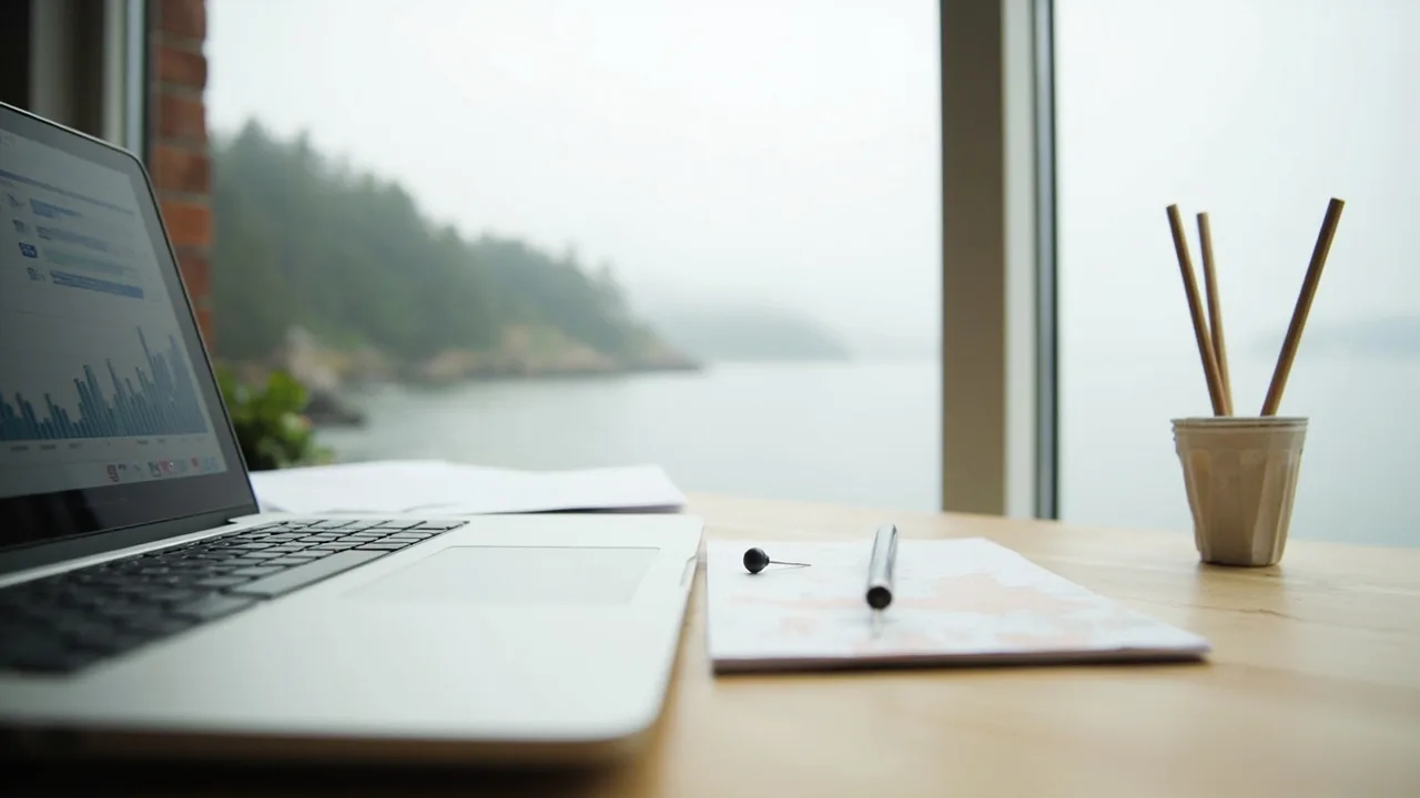 A calm coastal British Columbia desk scene with digital marketing planning materials