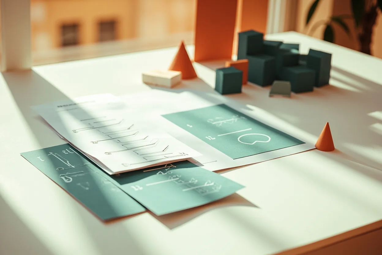 Marketing automation workflow represented by abstract cards and connected system blocks